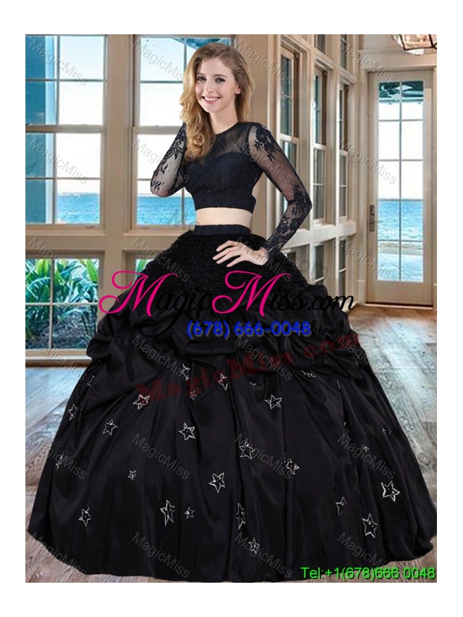 wholesale two piece black puffy scoop taffeta long sleeves backless quinceanera dresses with embroidery and bubbles