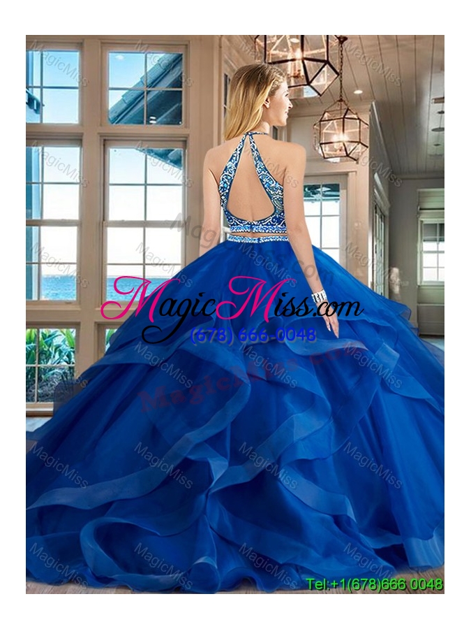 wholesale pretty beaded and ruffled brush train quinceanera dress in royal blue