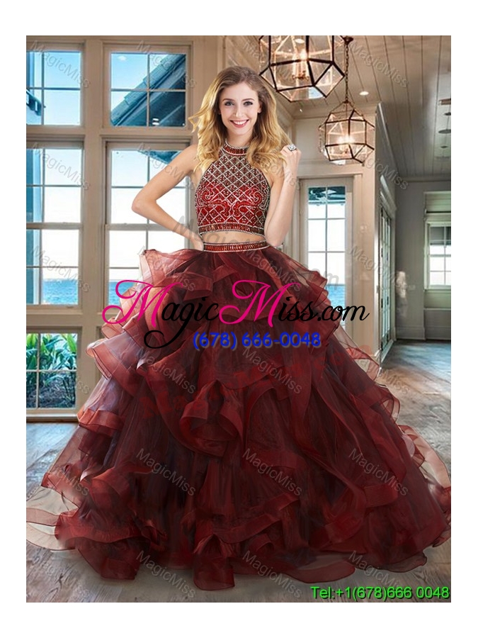 wholesale cheap ruffled and beaded brush train tulle quinceanera dress in burgundy