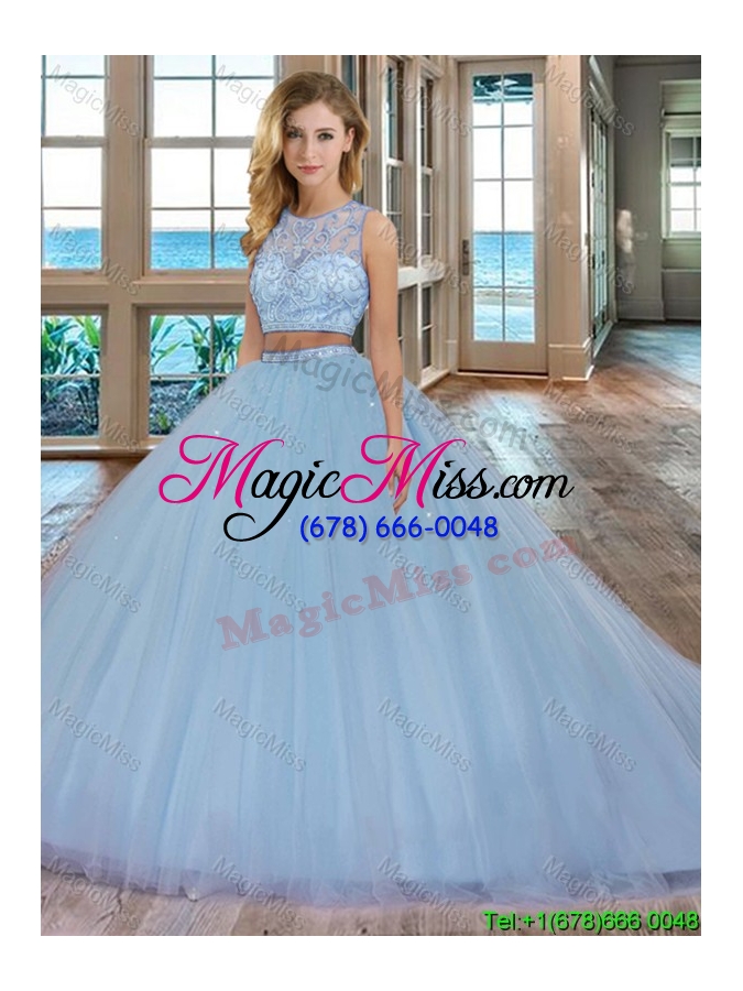 wholesale two piece scoop zipper up tulle pink quinceanera dresses with brush train