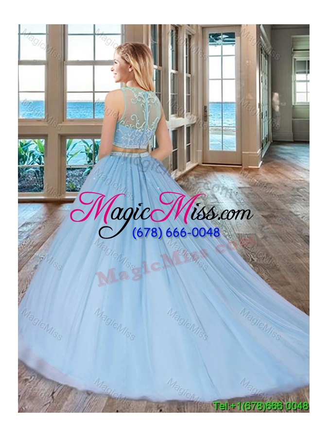wholesale two piece scoop zipper up tulle pink quinceanera dresses with brush train