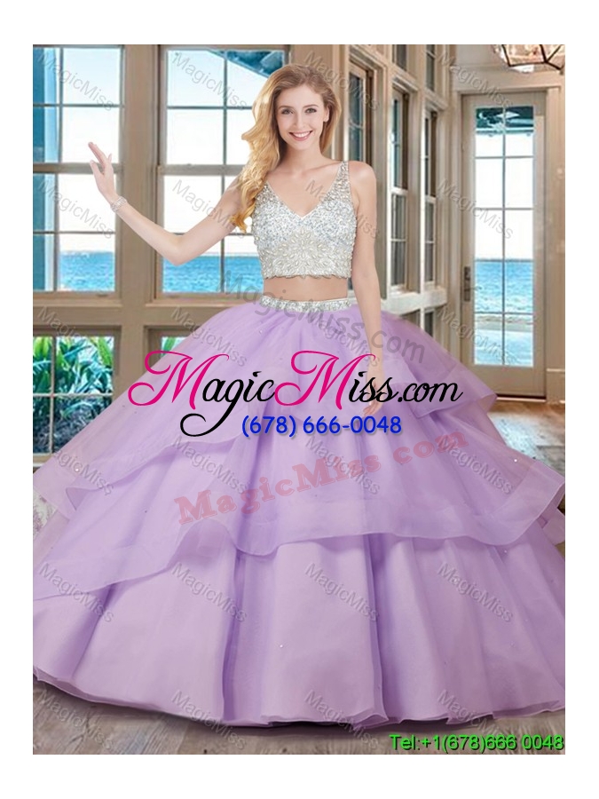 wholesale two piece puffy v neck brush train fuchsia quinceanera dresses with beading
