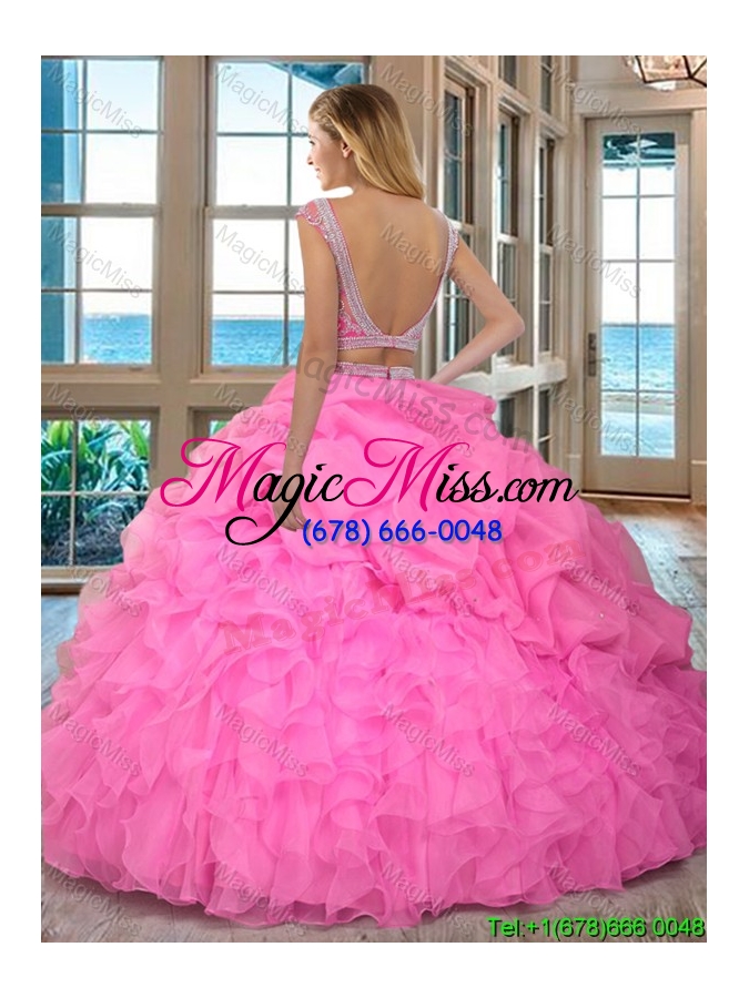 wholesale puffy scoop organza ruffled and beaded cap sleeves backless mint two piece quinceanera dresses