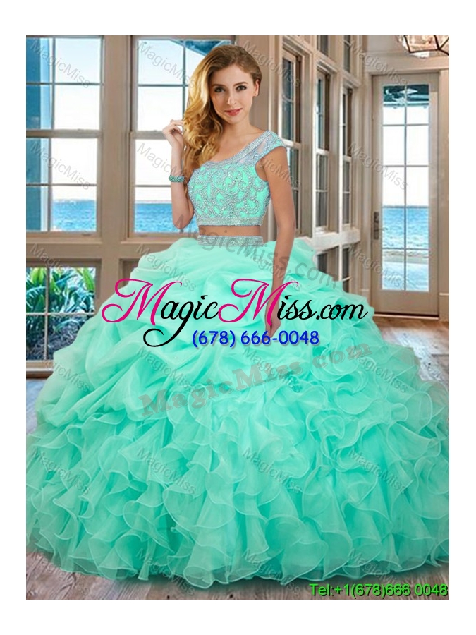 wholesale puffy scoop organza ruffled and beaded cap sleeves backless mint two piece quinceanera dresses