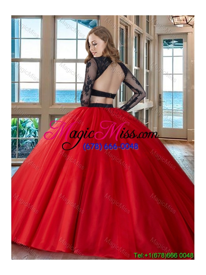 wholesale two piece ball gown scoop tulle appliques backless long sleeves quinceanera dresses in red