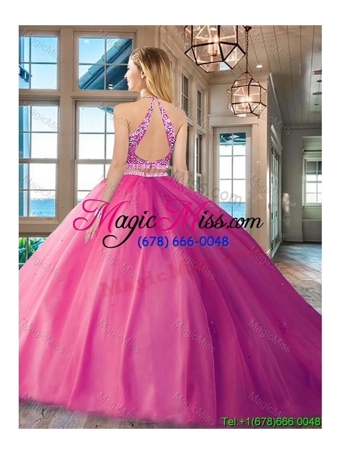 wholesale beautiful two piece tulle brush train quinceanera dress with beaded bodice