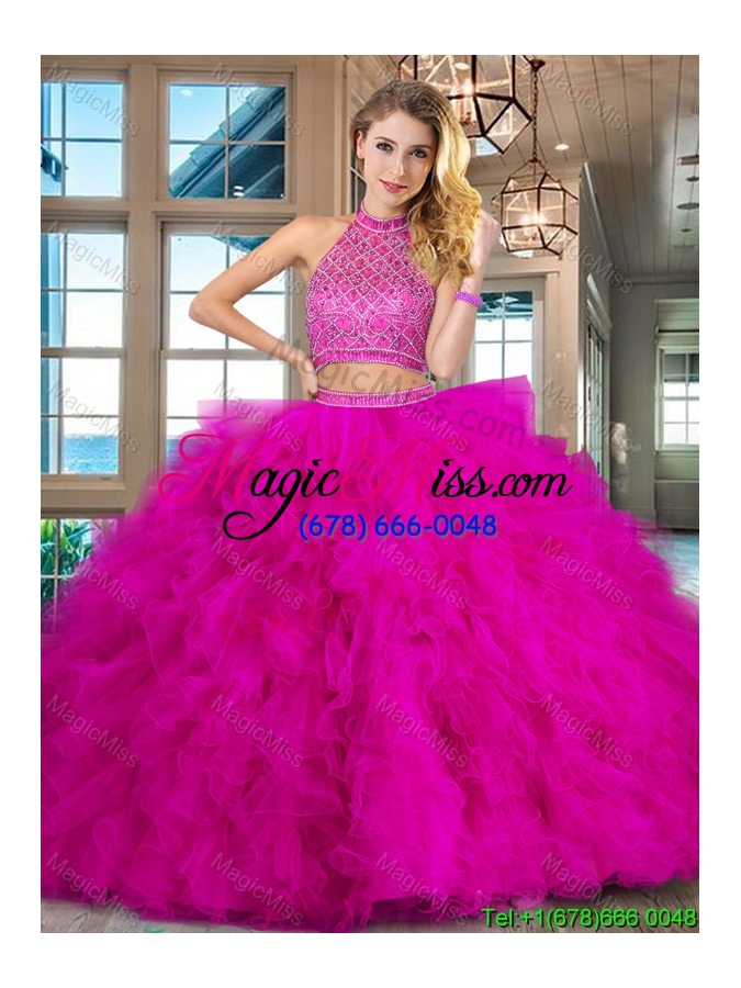 wholesale modest beaded bodice and ruffled tulle quinceanera dress with brush train