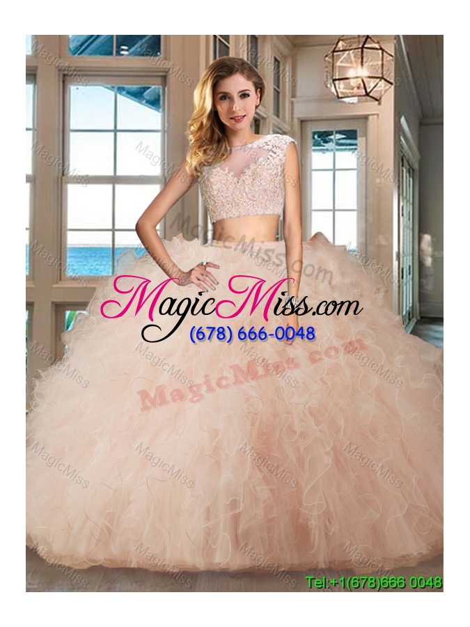wholesale discount two piece tulle aquamarine quinceanera dress with ruffles and appliques