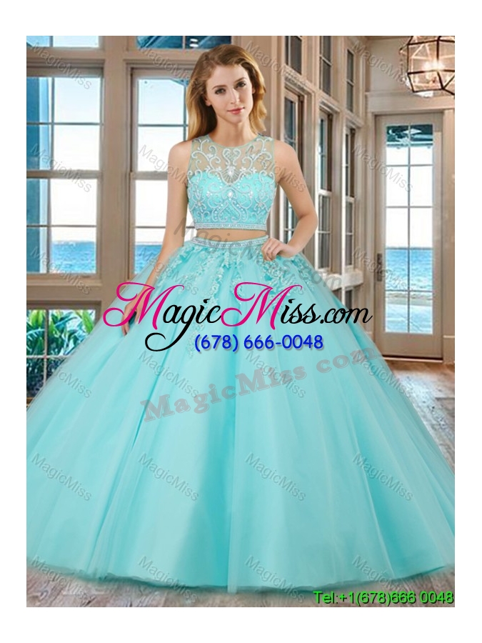 wholesale see through two piece scoop brush train aqua blue quinceanera dresses with beading and appliques