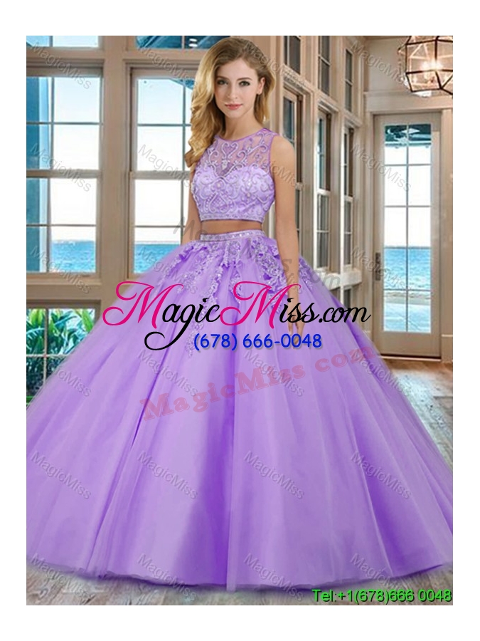 wholesale see through two piece scoop brush train aqua blue quinceanera dresses with beading and appliques