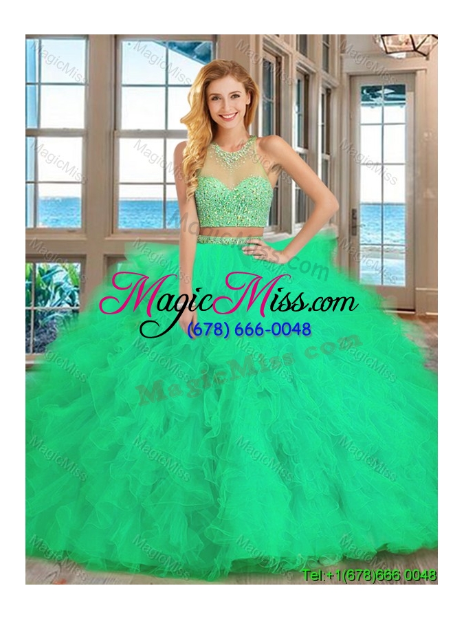 wholesale see through puffy high neck brush train two piece royal blue quinceanera dresses