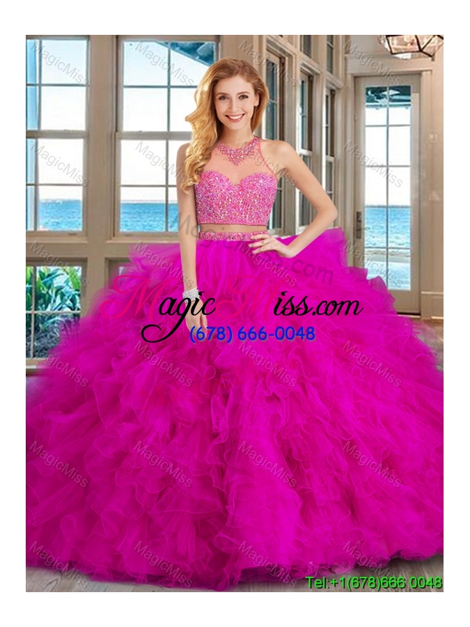 wholesale see through puffy high neck brush train two piece royal blue quinceanera dresses