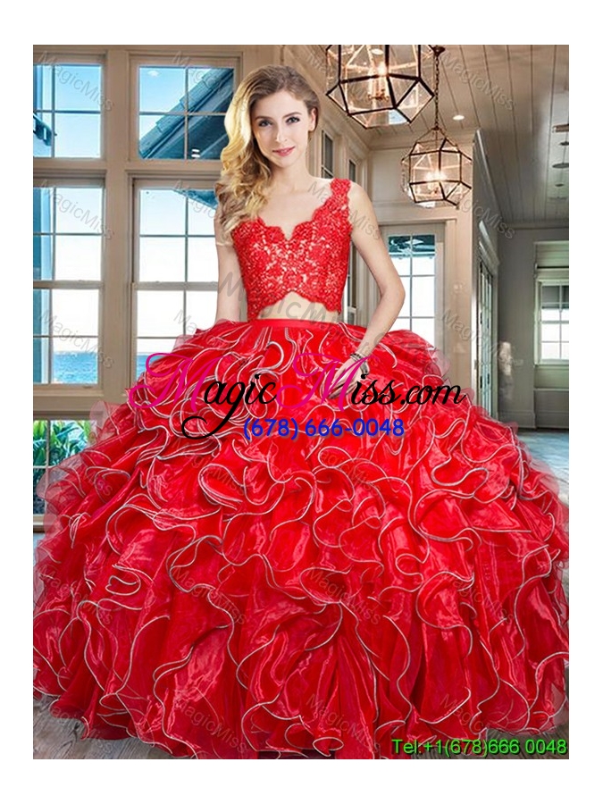 wholesale latest two piece ruffled and laced bodice red quinceanera dress in organza