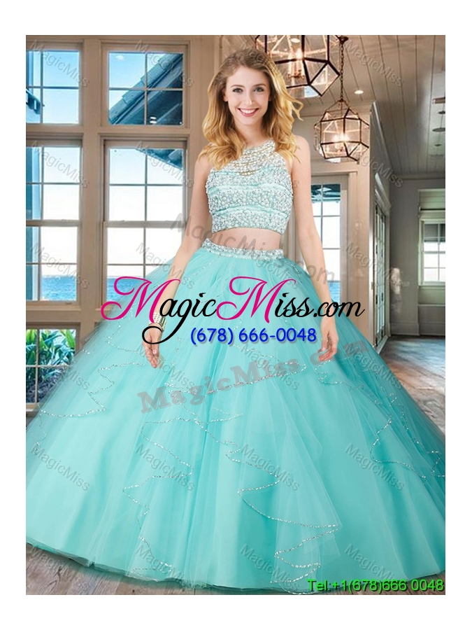 wholesale discount two piece see through scoop open back aquamarine quinceanera dress
