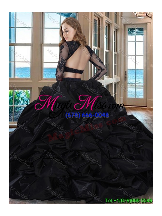 wholesale puffy scoop brush train long sleeves two piece black quinceanera dresses with embroidery and bubbles