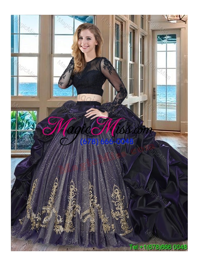 wholesale puffy scoop brush train long sleeves two piece black quinceanera dresses with embroidery and bubbles