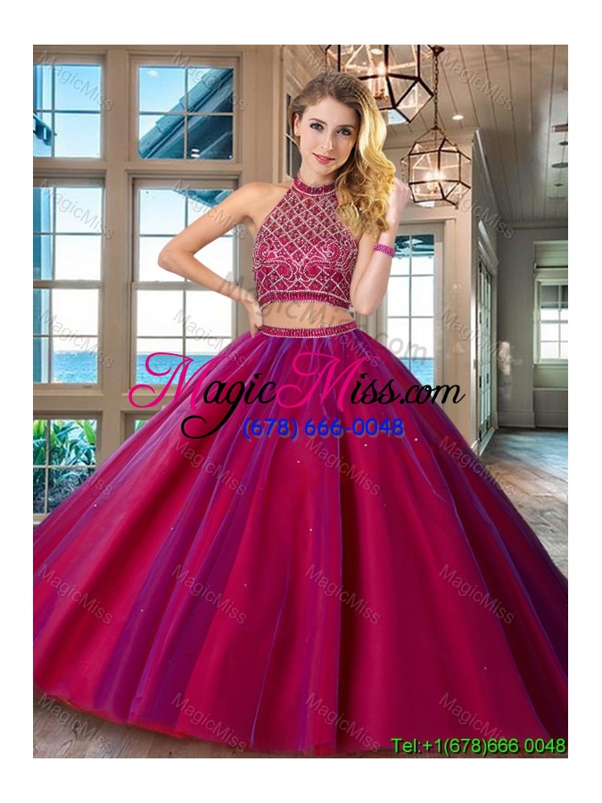 wholesale fashionable backless halter top fuchsia quinceanera dress with brush train