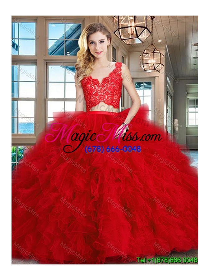 wholesale best selling two piece ruffled and laced red quinceanera dress in tulle