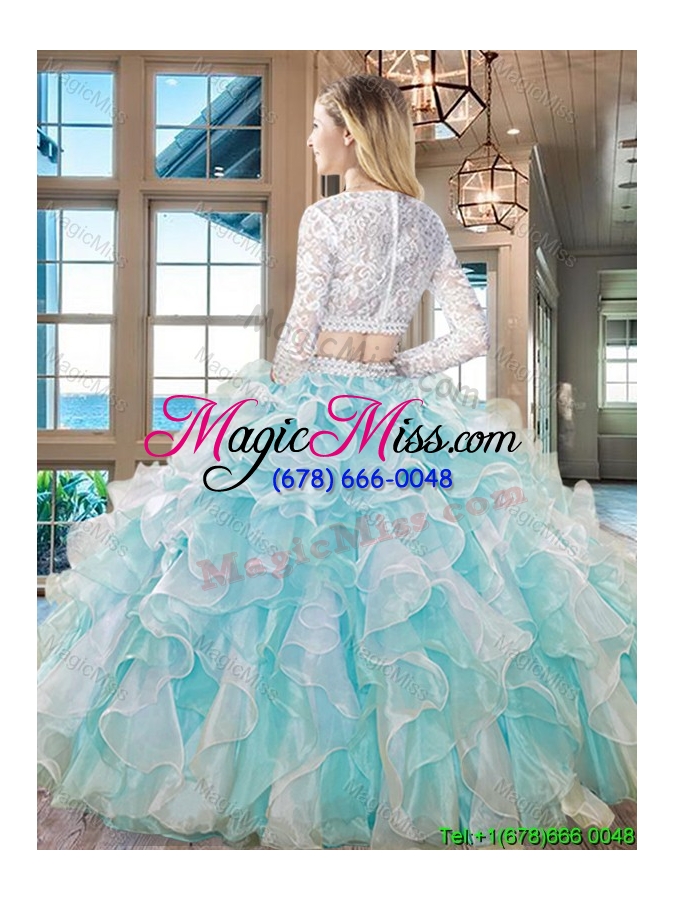 wholesale affordable organza laced ruffled aquamarine quinceanera dress with long sleeves