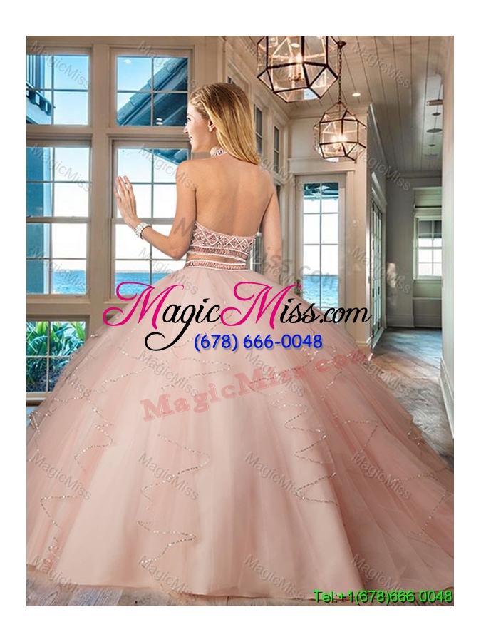 wholesale designer backless ruffled and beaded bodice quinceanera dress in light pink