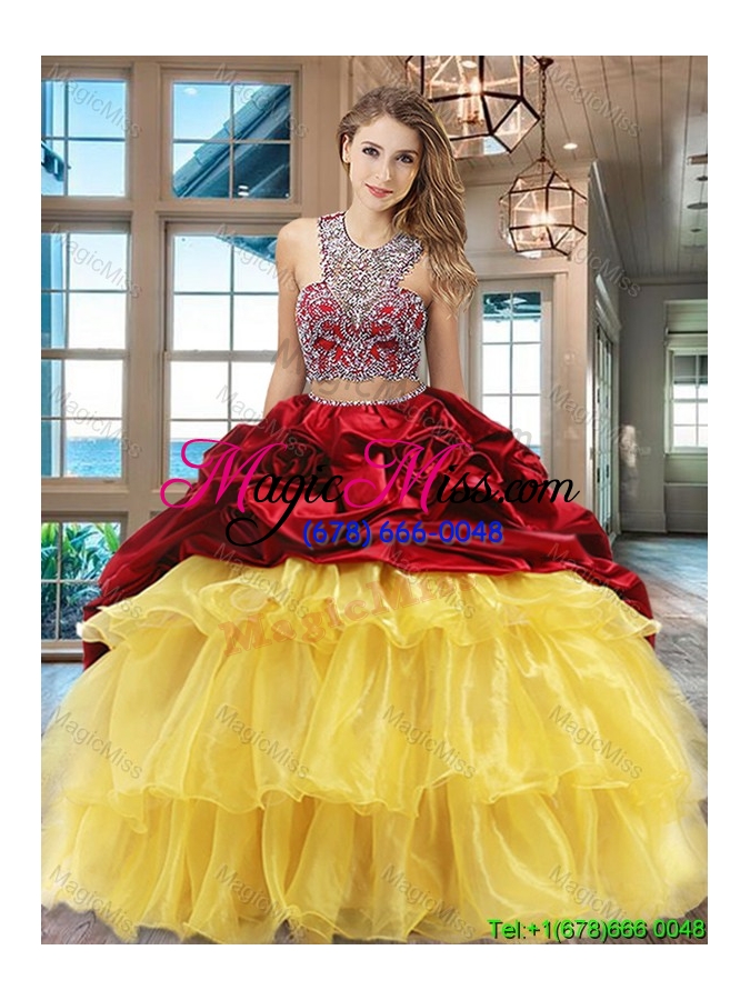 wholesale pretty ruffled layers wine red and yellow quinceanera dress with brush train