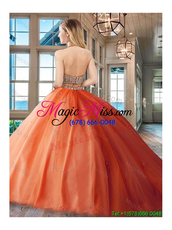 wholesale exquisite two piece red backless tulle quinceanera dress with beaded bodice