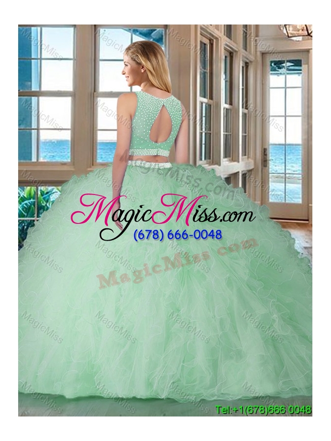 wholesale see through puffy bateau brush train open back pink quinceanera dresses with sequins and ruffles
