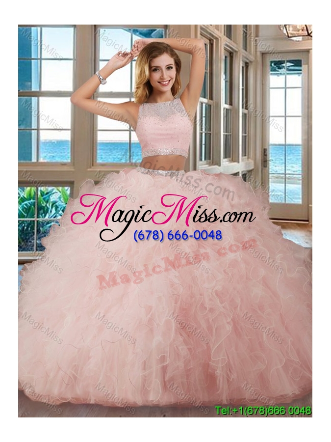 wholesale see through puffy bateau brush train open back pink quinceanera dresses with sequins and ruffles