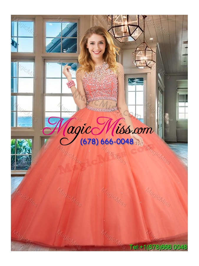 wholesale elegant two piece open back tulle beaded quinceanera dress in rust red