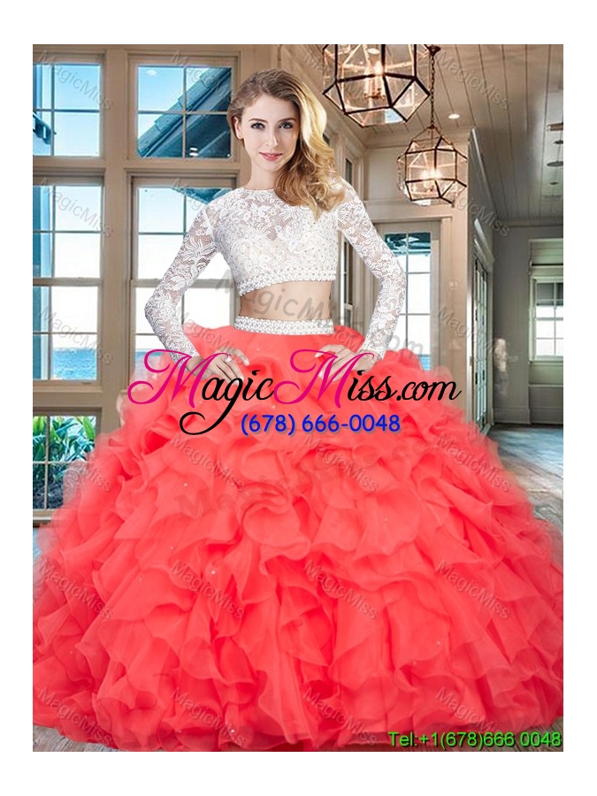 wholesale modest see through scoop two piece quinceanera dress with ruffles and lace