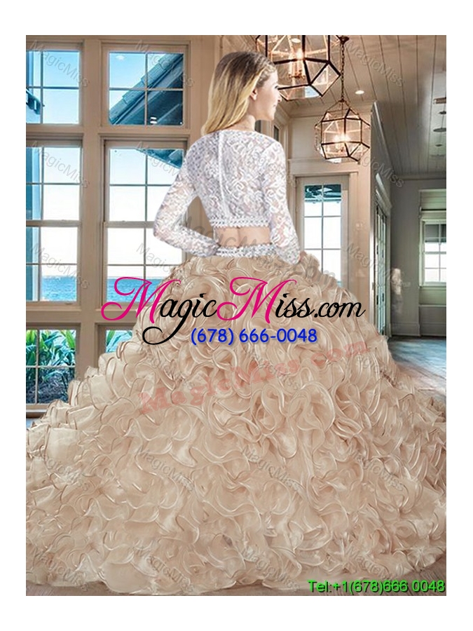wholesale hot sale two piece brush train laced organza sweet 16 dress in champagne