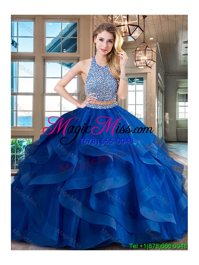 wholesale fashionable two piece beaded decorated halter top sweet 16 dress with brush train