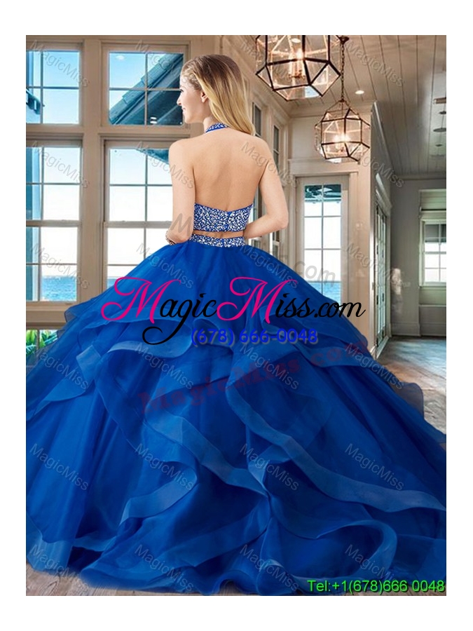 wholesale fashionable two piece beaded decorated halter top sweet 16 dress with brush train