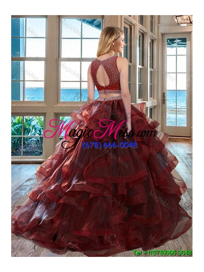 wholesale two piece scoop beaded bodice open back detachable quinceanera dresses in burgundy