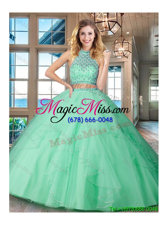 wholesale affordable two piece halter top backless mint quinceanera dress in tulle