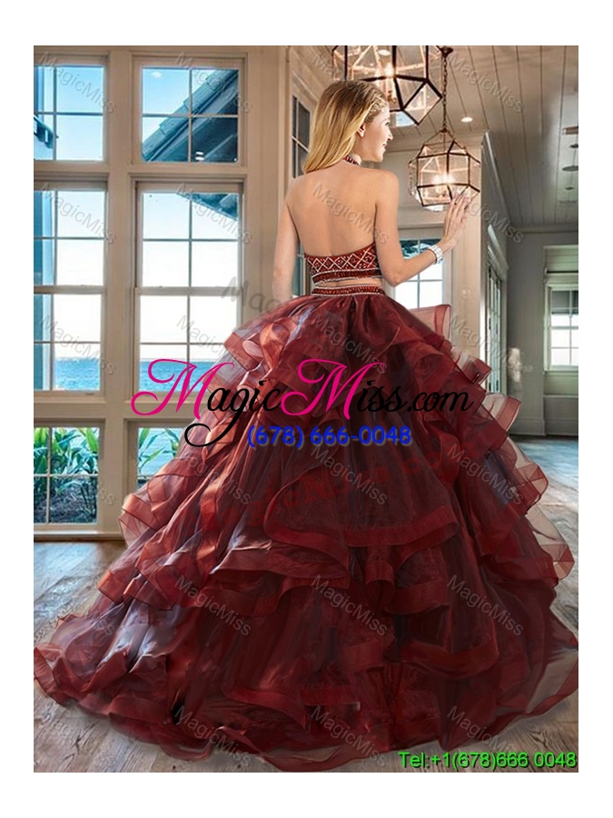 wholesale luxurious backless beaded decorated halter top quinceanera dress with brush train