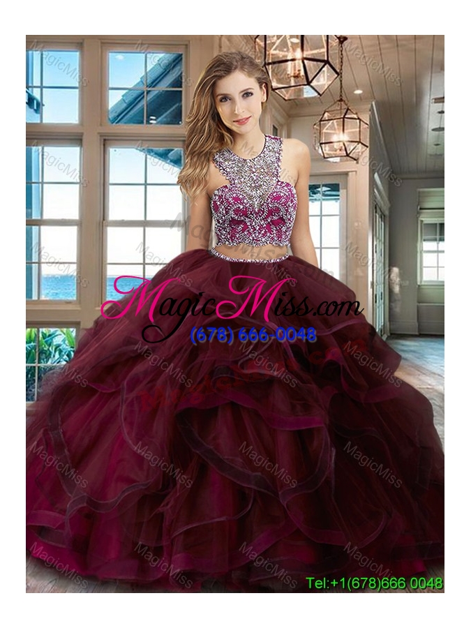 wholesale gorgeous brush train burgundy quinceanera dress with ruffles and beading
