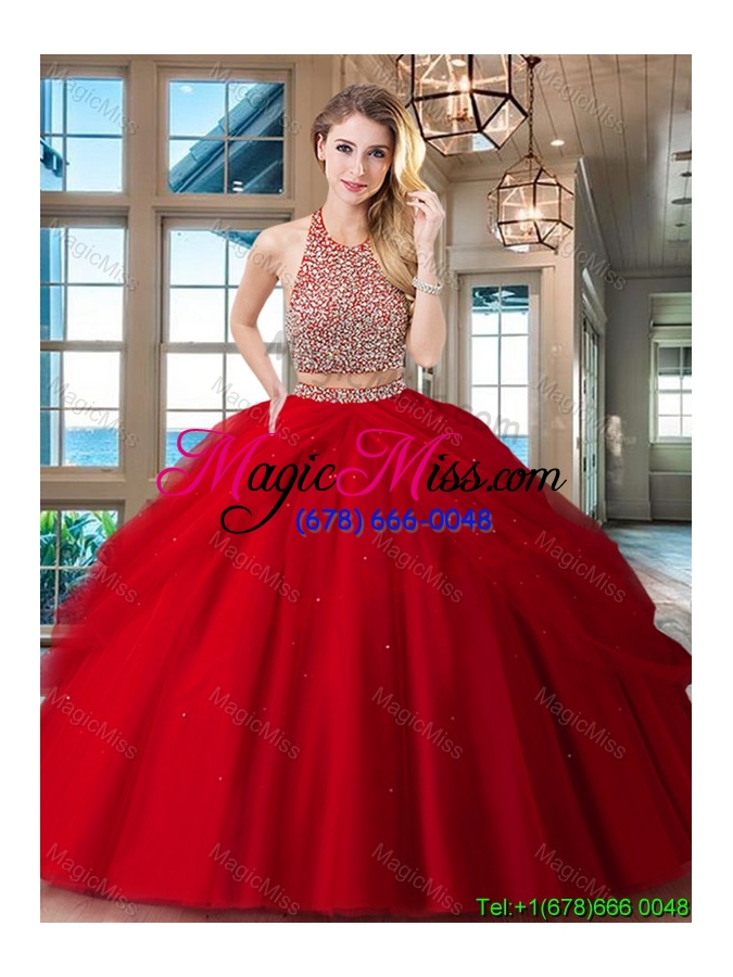 wholesale unique big puffy two piece backless red quinceanera dress in tulle