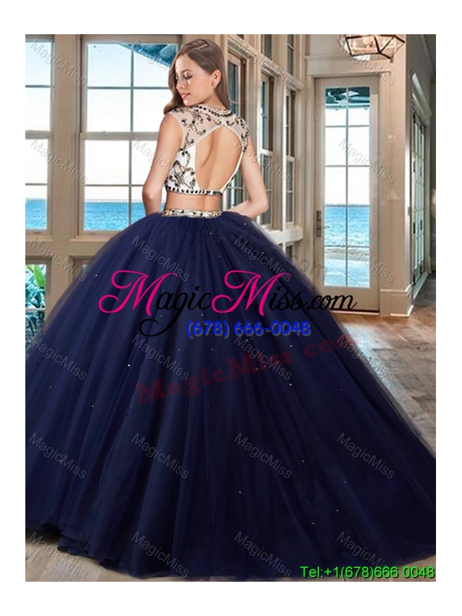 wholesale popular two piece brush train beaded quinceanera dress in navy blue