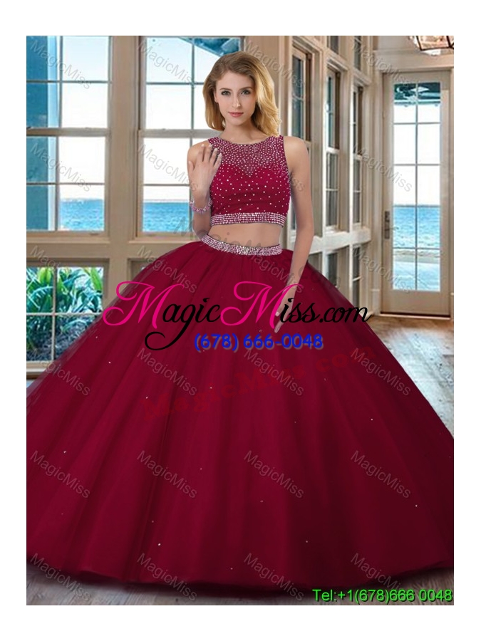 wholesale wine red puffy scoop beaded bodice open back tulle two piece quinceanera dresses