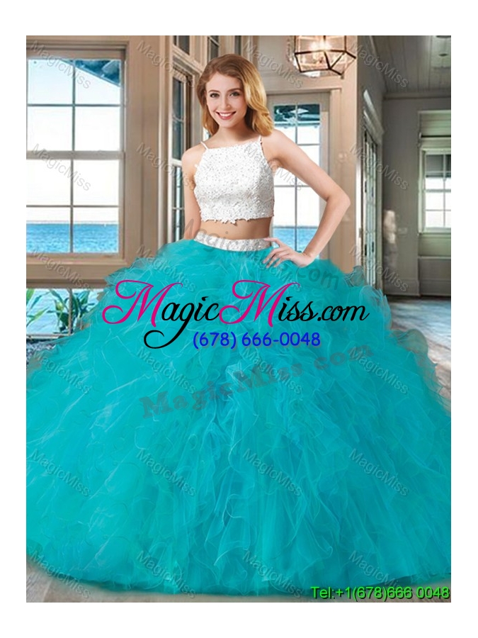 wholesale two piece straps tulle beaded two piece backless quinceanera dresses white and blue