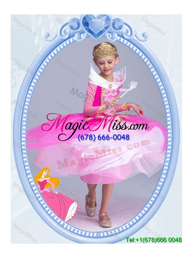 wholesale halloween elegant tea length hot pink little girl pageant dress with long sleeves