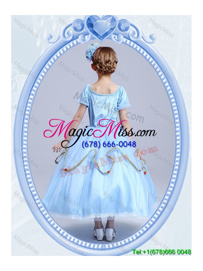 wholesale halloween cheap hand made flower short sleeves little girl pageant dress in light blue