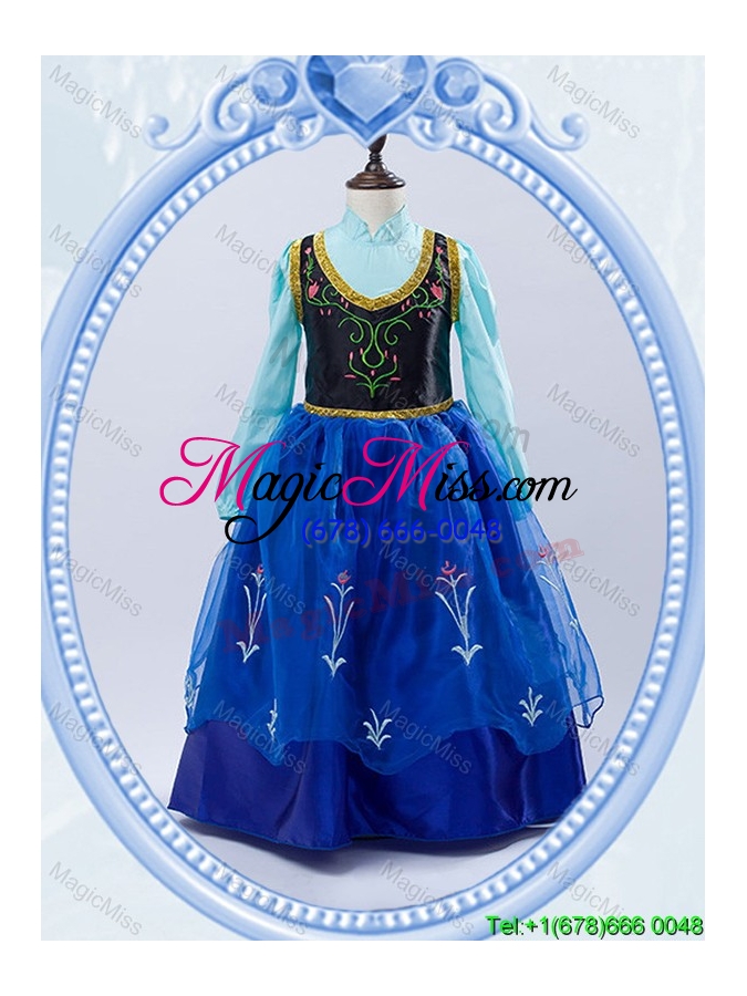 wholesale halloween discount high neck royal blue long little girl pageant dress with embroidery