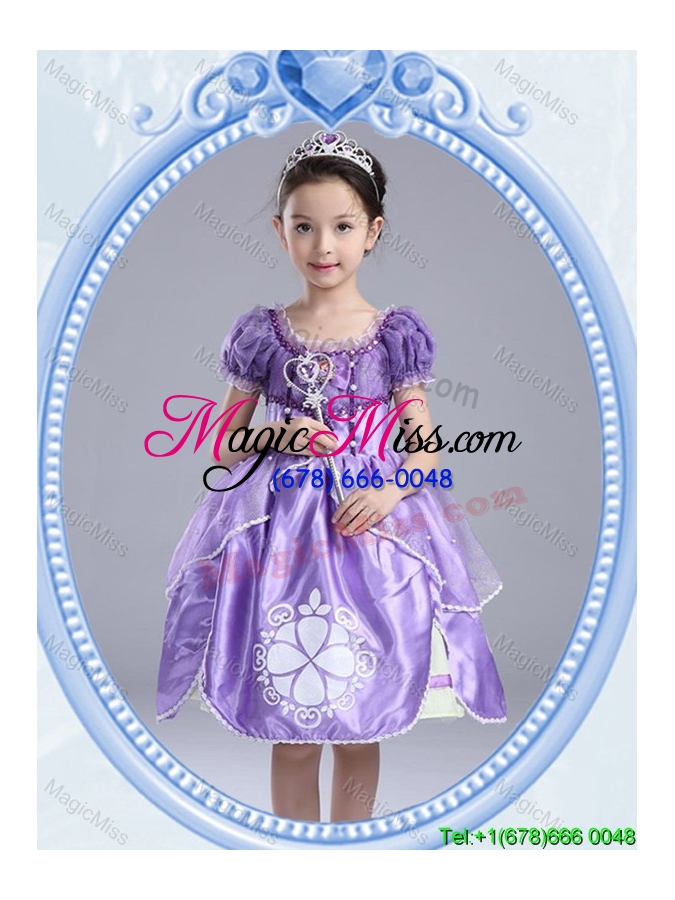 wholesale halloween fashionable short sleeves lavender little girl pageant dress with pattern and bowknot