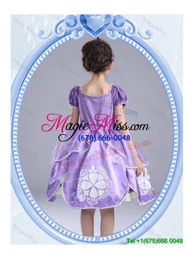 wholesale halloween fashionable short sleeves lavender little girl pageant dress with pattern and bowknot