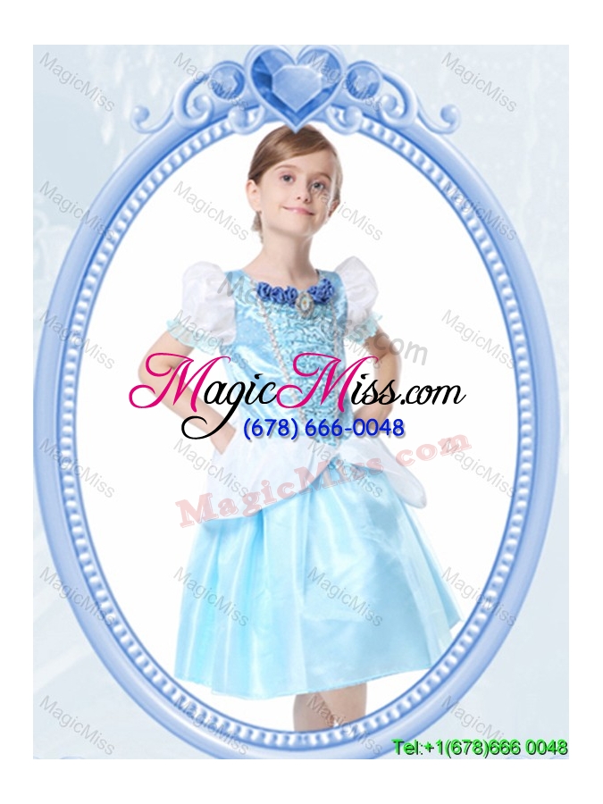 wholesale cheap scoop knee-length white and blue halloween little girl pageant dress with beading and bubbles