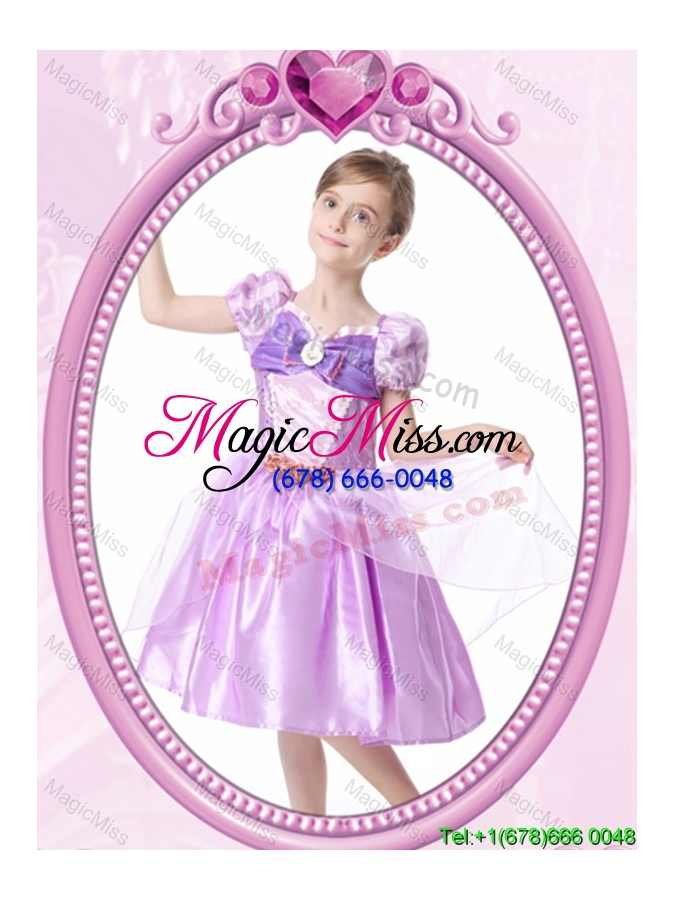 wholesale princess v-neck knee-length lilac halloween little girl pageant dress with bowknot and beading