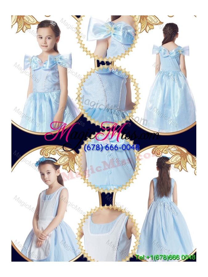 wholesale fashionable light blue bowknot detachable sleeves halloween little girl pageant dress with scoop