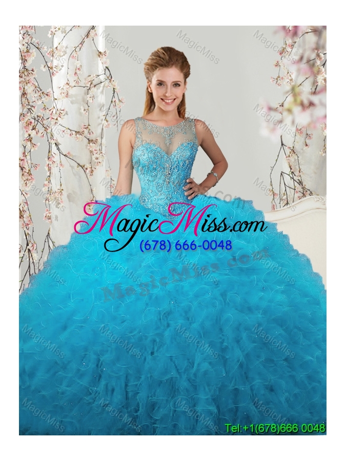 wholesale 2017 hot sale see through scoop baby blue quinceanera dress with beading and ruffles